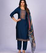 Clemira Dark Blue Color Embroidered Women'S Kurta Palazzo Dupatta Set