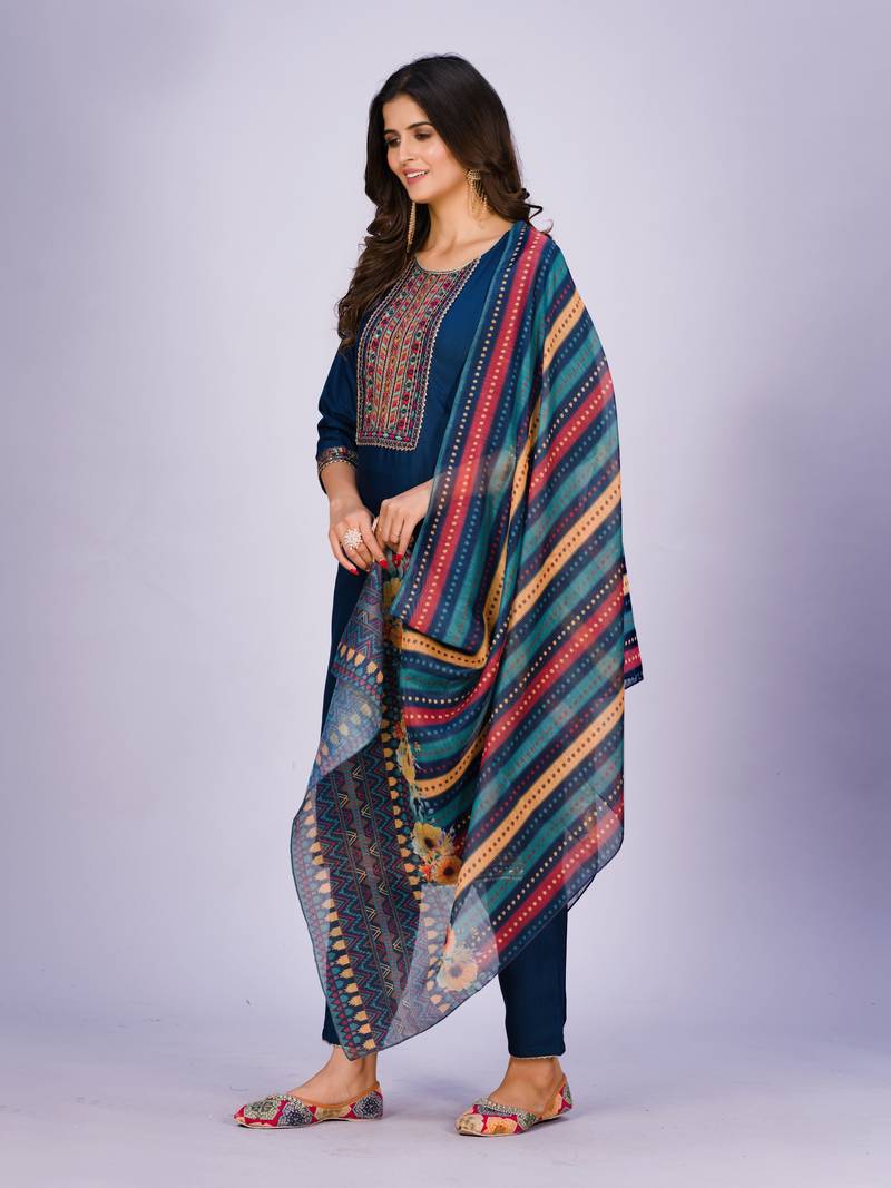 Clemira Dark Blue Color Embroidered Women'S Kurta Palazzo Dupatta Set