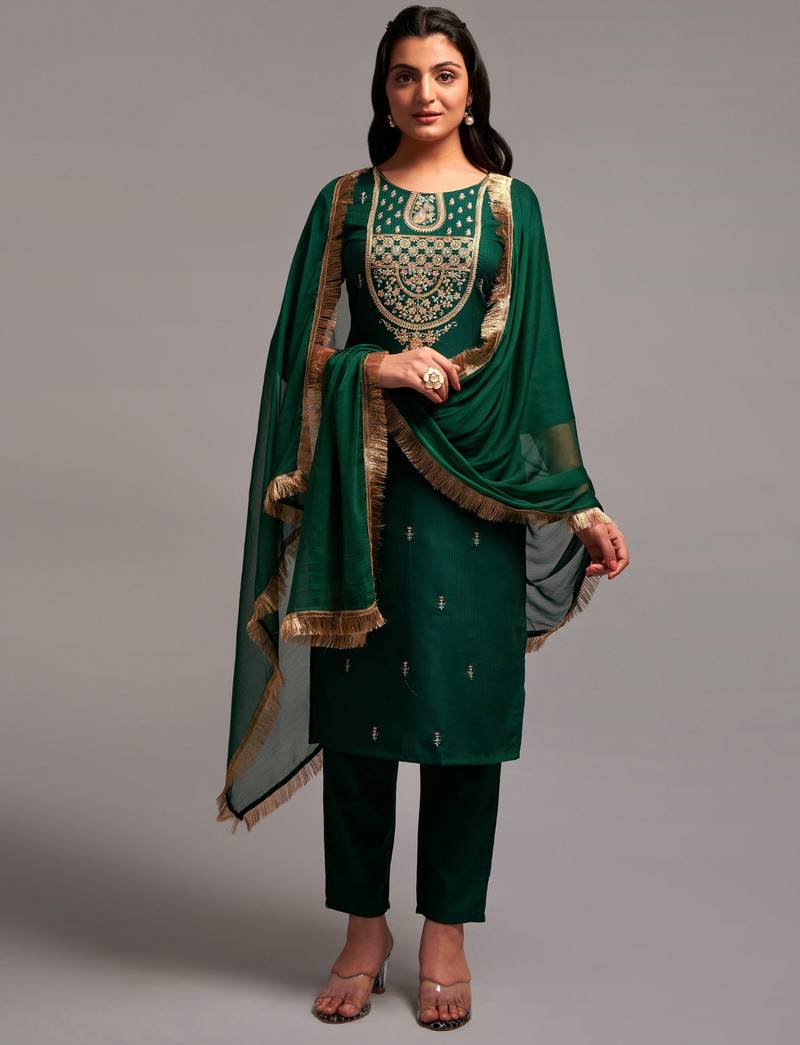 Clemira Green Color Embroidered Women'S Kurta Palazzo Dupatta Set