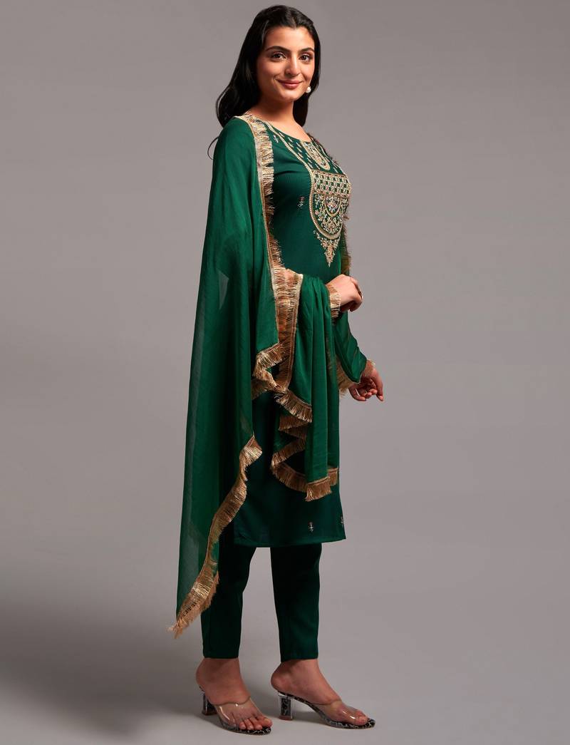 Clemira Green Color Embroidered Women'S Kurta Palazzo Dupatta Set