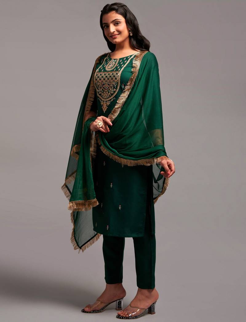 Clemira Green Color Embroidered Women'S Kurta Palazzo Dupatta Set