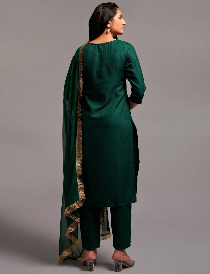 Clemira Green Color Embroidered Women'S Kurta Palazzo Dupatta Set