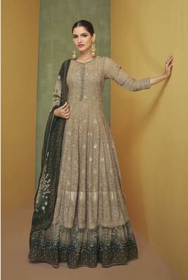 Chiku color embroideried faux georgette semi stitched anarkali gown 1