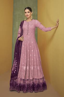 Pink color embroideried faux georgette semi stitched anarkali gown 1