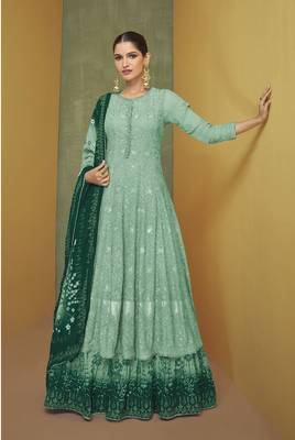 Mint color embroideried faux georgette semi stitched anarkali gown 1