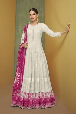 Cream color embroideried faux georgette semi stitched anarkali gown 1