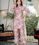  mauve muslin silk floral print co-ord set with embroidery buttons