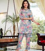  blue muslin silk floral print co-ord set with embroidery buttons
