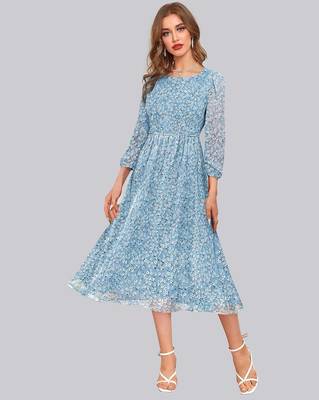 Keri perry women's sky blue georgette floral fit & flared western dress 1