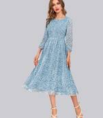 Keri perry women's sky blue georgette floral fit & flared western dress