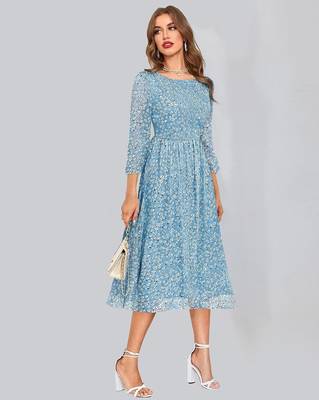Keri perry women's sky blue georgette floral fit & flared western dress 3