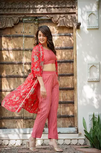  muslin red co ord set with crop top and pant