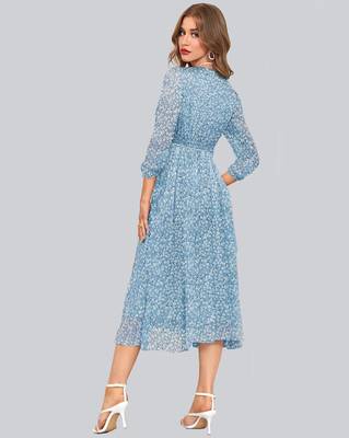 Keri perry women's sky blue georgette floral fit & flared western dress 4