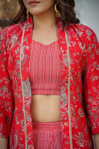  muslin red co ord set with crop top and pant