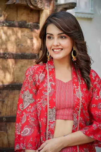  muslin red co ord set with crop top and pant