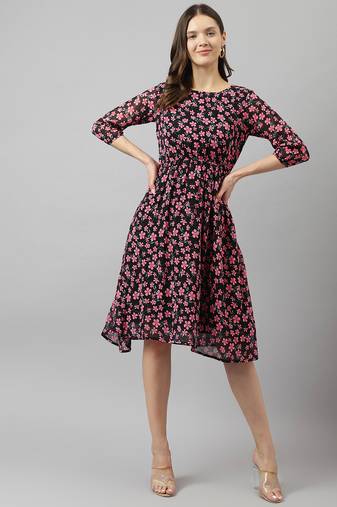 Keri perry women's black & pink georgette floral fit & flared western dress