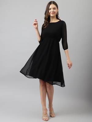 Keri perry women's black georgette solid fit & flared western dress 1