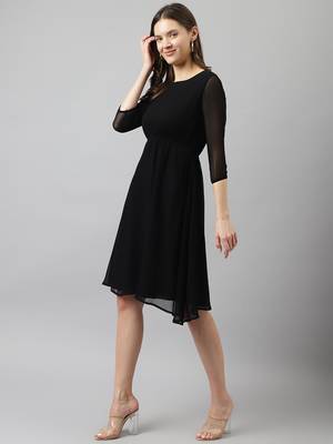 Keri perry women's black georgette solid fit & flared western dress 2