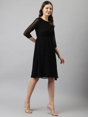 Keri perry women's black georgette solid fit & flared western dress 3