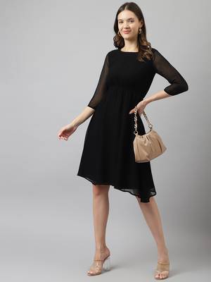 Keri perry women's black georgette solid fit & flared western dress 4