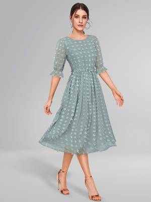 Keri perry women's sea green dobby georgette woven fit & flared western dress 1