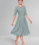 Keri perry women's sea green dobby georgette woven fit & flared western dress