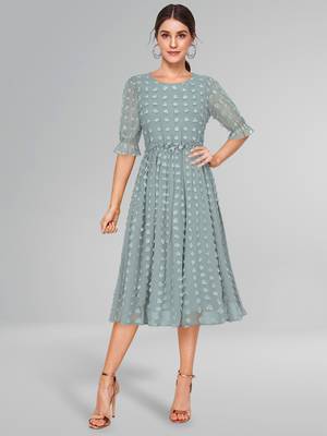 Keri perry women's sea green dobby georgette woven fit & flared western dress 2