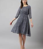 Keri perry women's navy blue georgette textured print fit & flared western dress