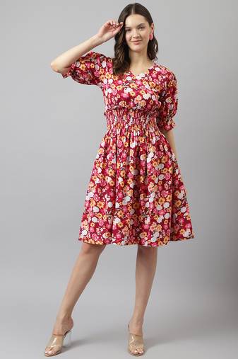 Keri perry women's red crepe floral fit & flared western dress