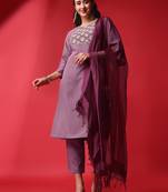 Clemira Purple Color Embroidered Women'S Kurta Palazzo Dupatta Set