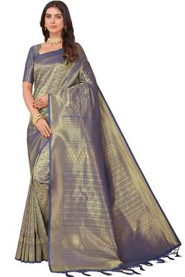 Leeza store women's blue cotton silk blend latest kanjivaram kanchipuram golden zari woven design banarasi saree 1
