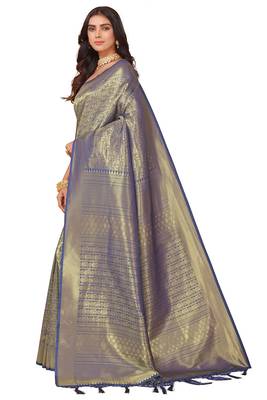 Leeza store women's blue cotton silk blend latest kanjivaram kanchipuram golden zari woven design banarasi saree 2