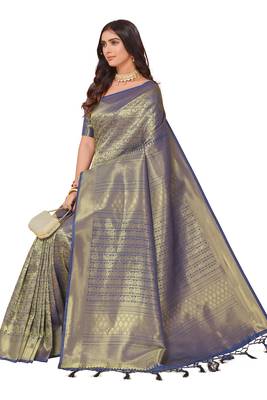 Leeza store women's blue cotton silk blend latest kanjivaram kanchipuram golden zari woven design banarasi saree 3