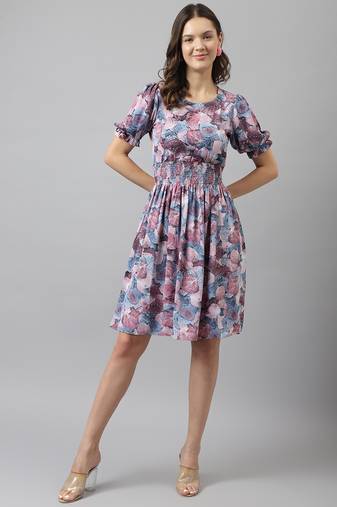 Keri perry women's purple rayon leaves print fit & flared western dress