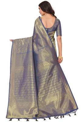 Leeza store women's blue cotton silk blend latest kanjivaram kanchipuram golden zari woven design banarasi saree 4