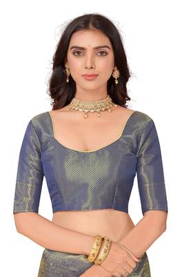 Leeza store women's blue cotton silk blend latest kanjivaram kanchipuram golden zari woven design banarasi saree 5