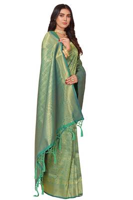 Leeza store women's green cotton silk blend latest kanjivaram kanchipuram golden zari woven design banarasi saree 1