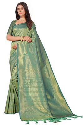 Leeza store women's green cotton silk blend latest kanjivaram kanchipuram golden zari woven design banarasi saree 2