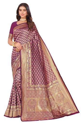 Leeza store women's purple cotton silk blend latest kanjivaram kanchipuram golden zari woven design banarasi saree