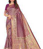 Leeza store women's purple cotton silk blend latest kanjivaram kanchipuram golden zari woven design banarasi saree