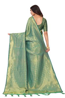 Leeza store women's green cotton silk blend latest kanjivaram kanchipuram golden zari woven design banarasi saree 4