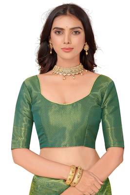 Leeza store women's green cotton silk blend latest kanjivaram kanchipuram golden zari woven design banarasi saree 5