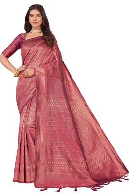 Leeza store women's purple cotton silk blend latest kanjivaram kanchipuram golden zari woven design banarasi saree 1