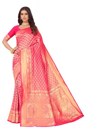 Leeza store women's pink cotton silk blend latest kanjivaram kanchipuram golden zari woven design banarasi saree