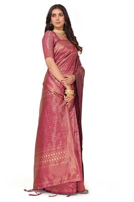 Leeza store women's purple cotton silk blend latest kanjivaram kanchipuram golden zari woven design banarasi saree 2