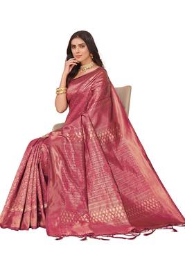 Leeza store women's purple cotton silk blend latest kanjivaram kanchipuram golden zari woven design banarasi saree 3