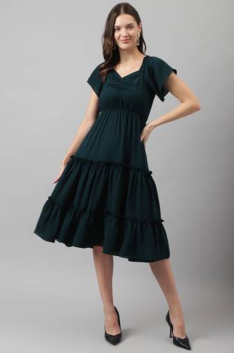 Keri perry women's bottle green rayon solid tiered western dress