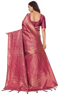 Leeza store women's purple cotton silk blend latest kanjivaram kanchipuram golden zari woven design banarasi saree 4