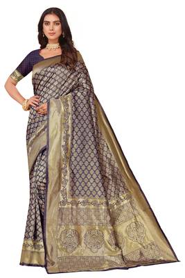Leeza store women's blue cotton silk blend latest kanjivaram kanchipuram golden zari woven design banarasi saree 1