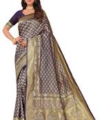 Leeza store women's blue cotton silk blend latest kanjivaram kanchipuram golden zari woven design banarasi saree